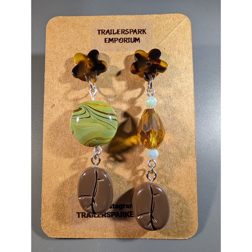 Trailerspark Emporium Coffee Bean Mismatch Drop Earrings Tortoise Nickel Free